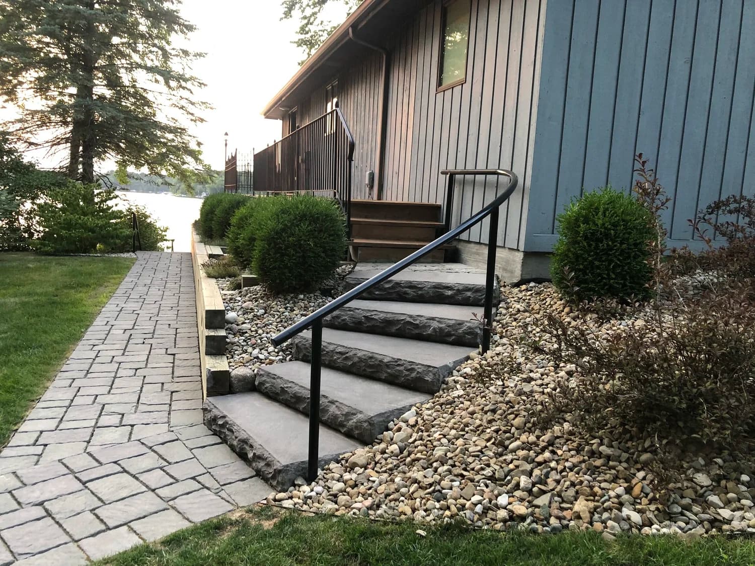 Stone steps with paver walkway at a lakefront home, Southwest Michigan
